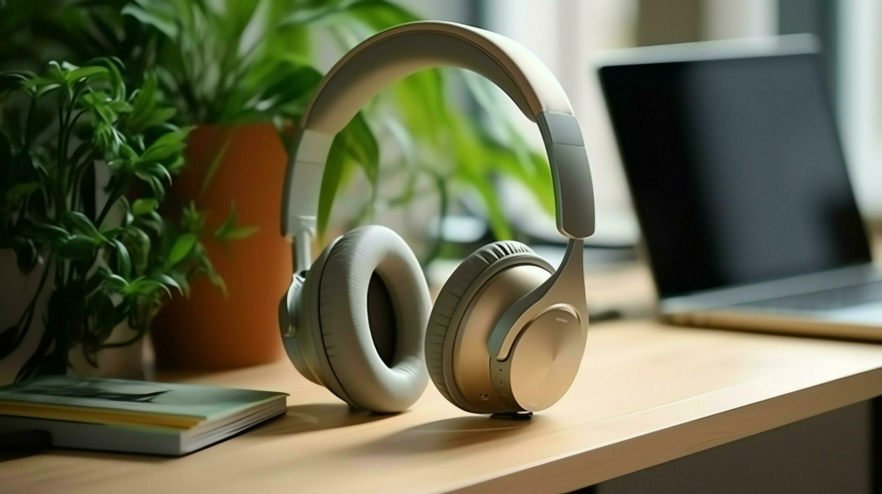 Music or podcast background with electronic devices, headphones, coffee and laptop on office desk concept by AI Generated photo
