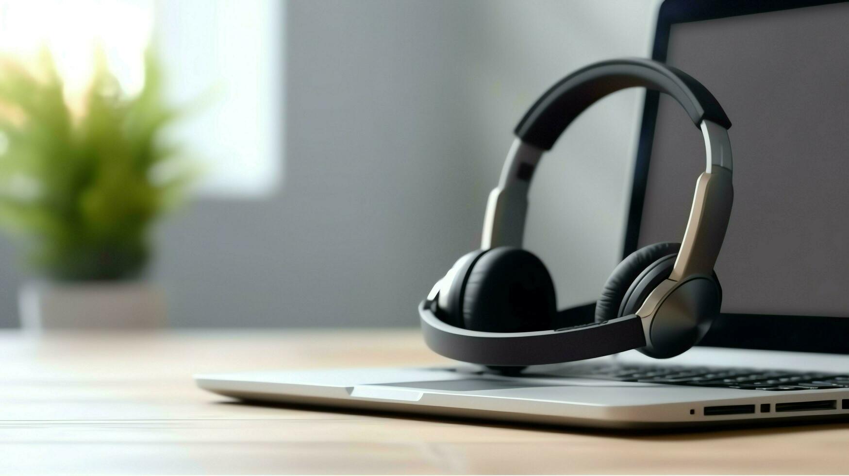 Music or podcast background with electronic devices, headphones, coffee and laptop on office desk concept by AI Generated photo