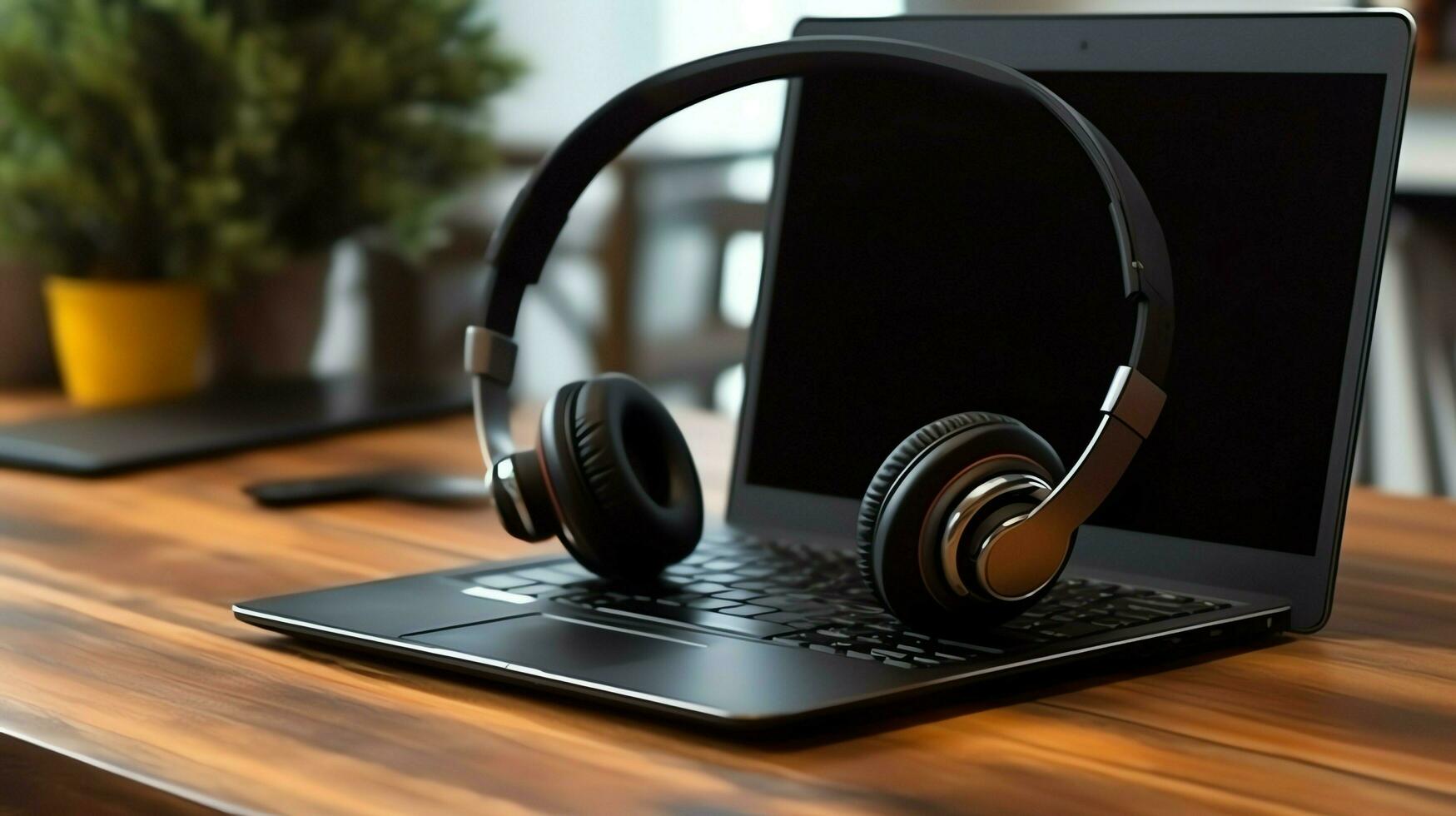 Music or podcast background with electronic devices, headphones, coffee and laptop on office desk concept by AI Generated photo