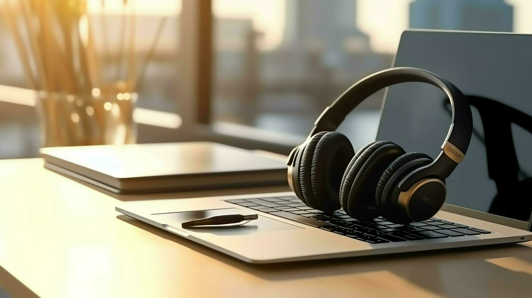 Music or podcast background with electronic devices, headphones, coffee and laptop on office desk concept by AI Generated photo