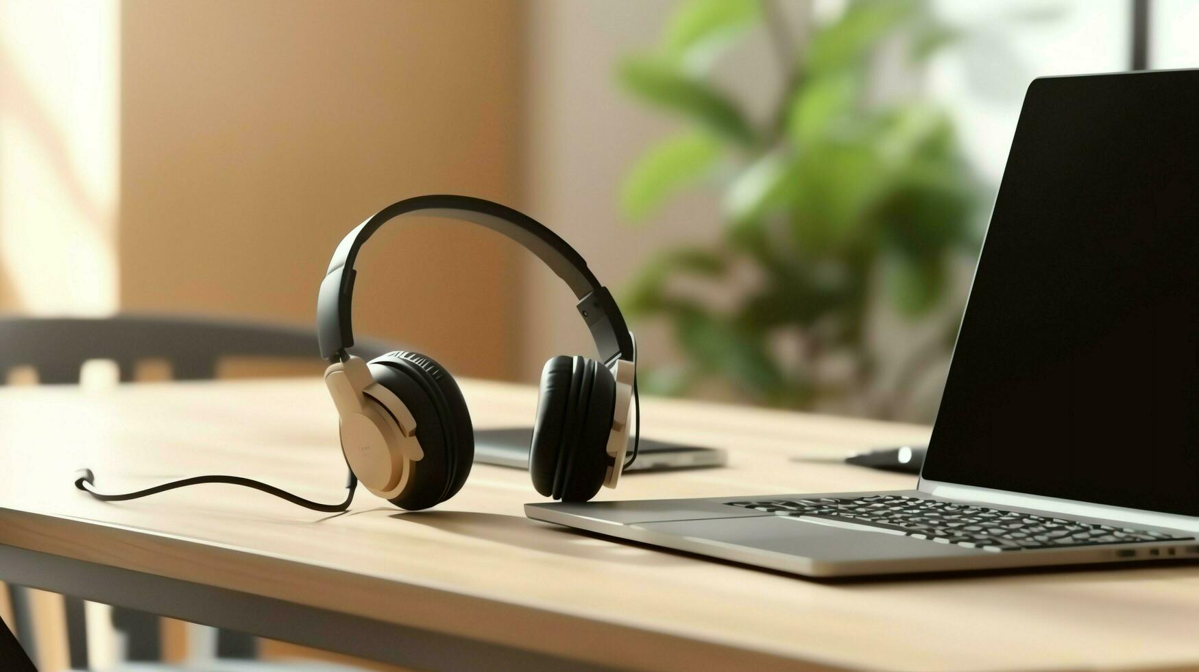 Music or podcast background with electronic devices, headphones, coffee and laptop on office desk concept by AI Generated photo