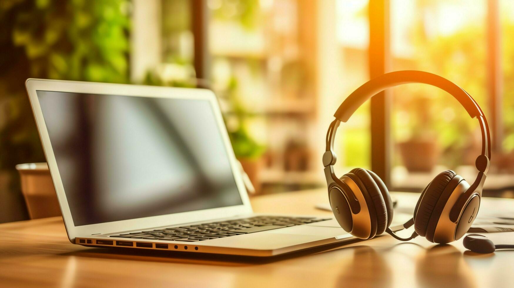 Music or podcast background with electronic devices, headphones, coffee and laptop on office desk concept by AI Generated photo