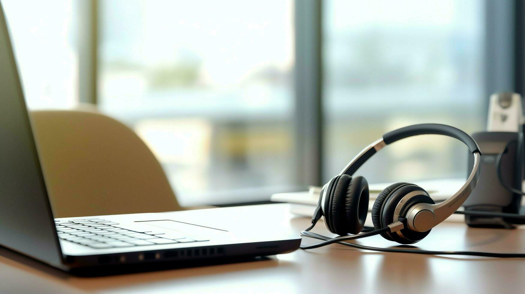 Music or podcast background with electronic devices, headphones, coffee and laptop on office desk concept by AI Generated photo
