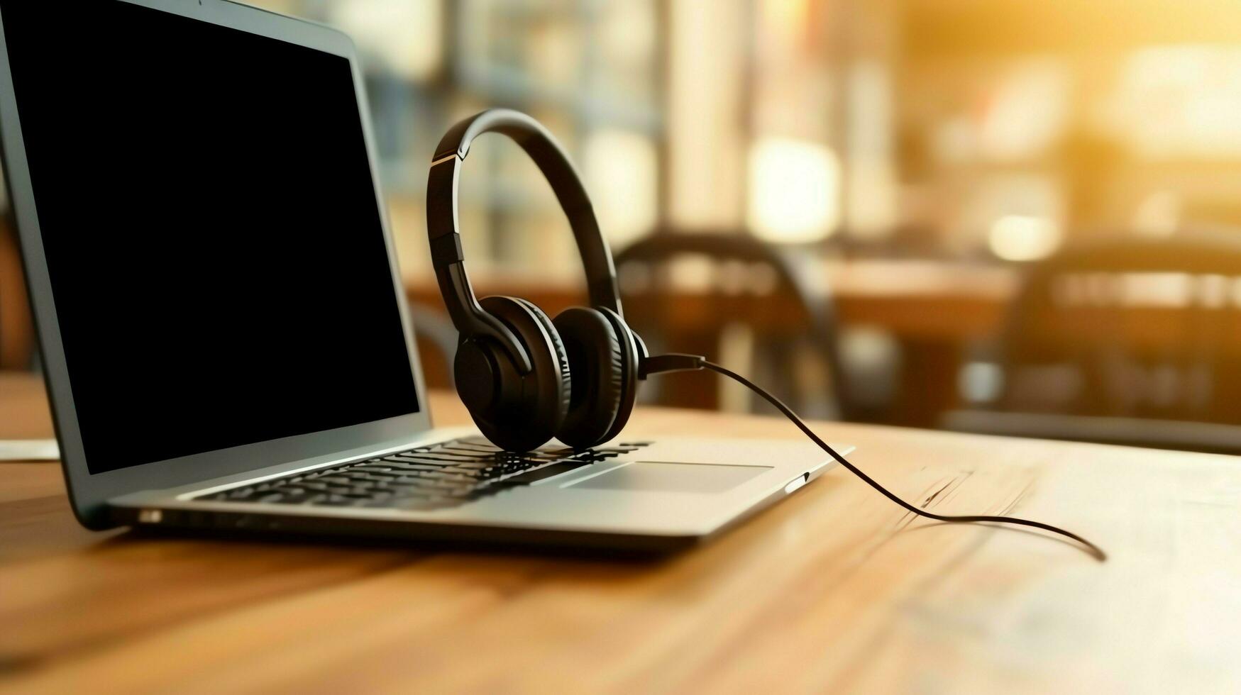 Music or podcast background with electronic devices, headphones, coffee and laptop on office desk concept by AI Generated photo