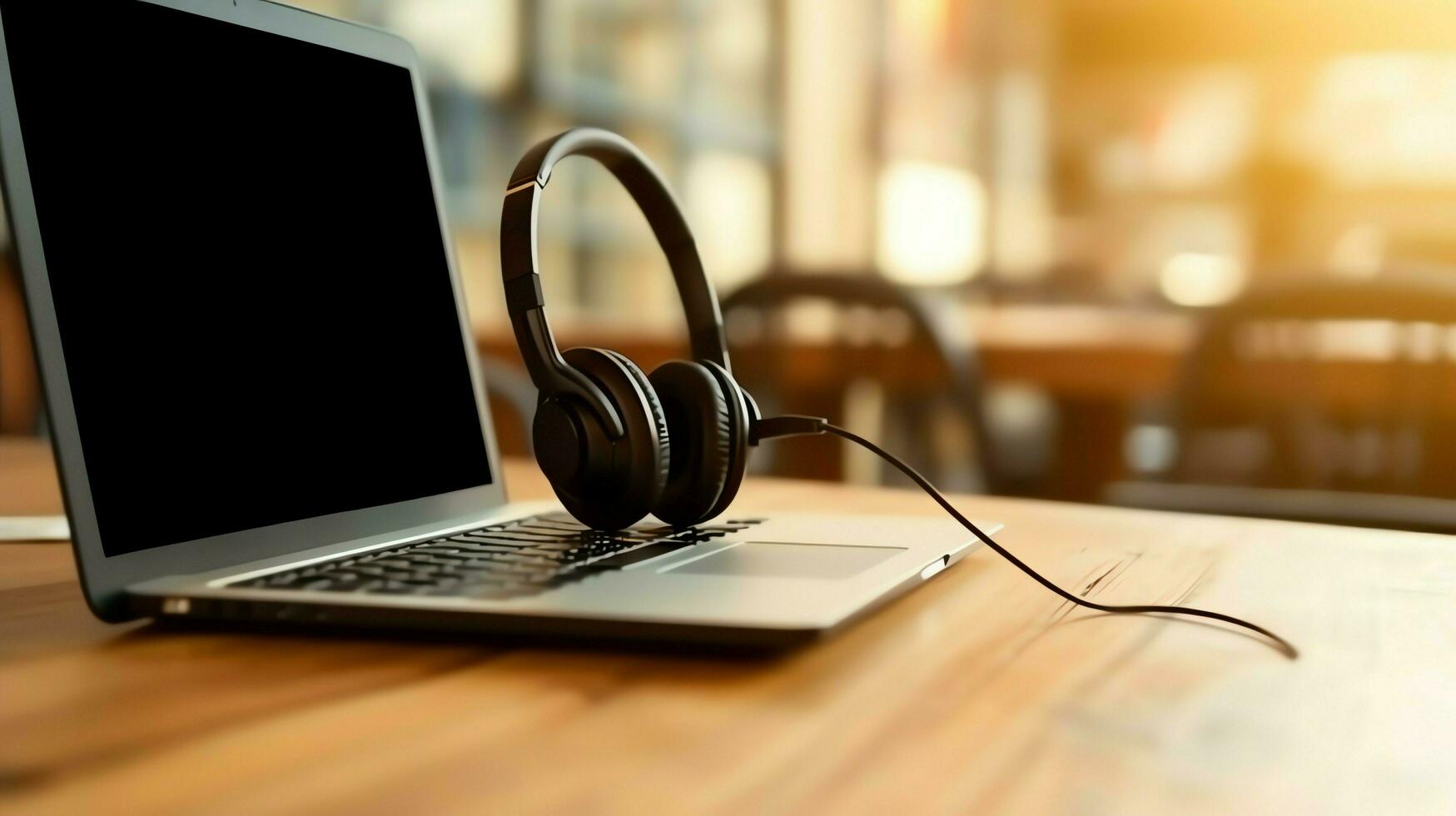 Music or podcast background with electronic devices, headphones, coffee and laptop on office desk concept by AI Generated photo