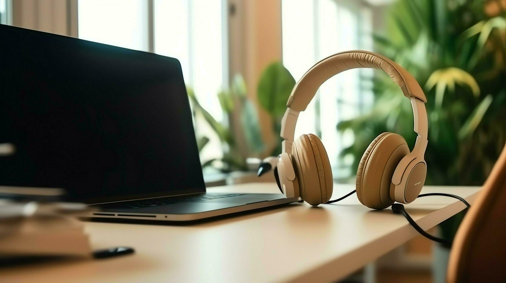 Music or podcast background with electronic devices, headphones, coffee and laptop on office desk concept by AI Generated photo