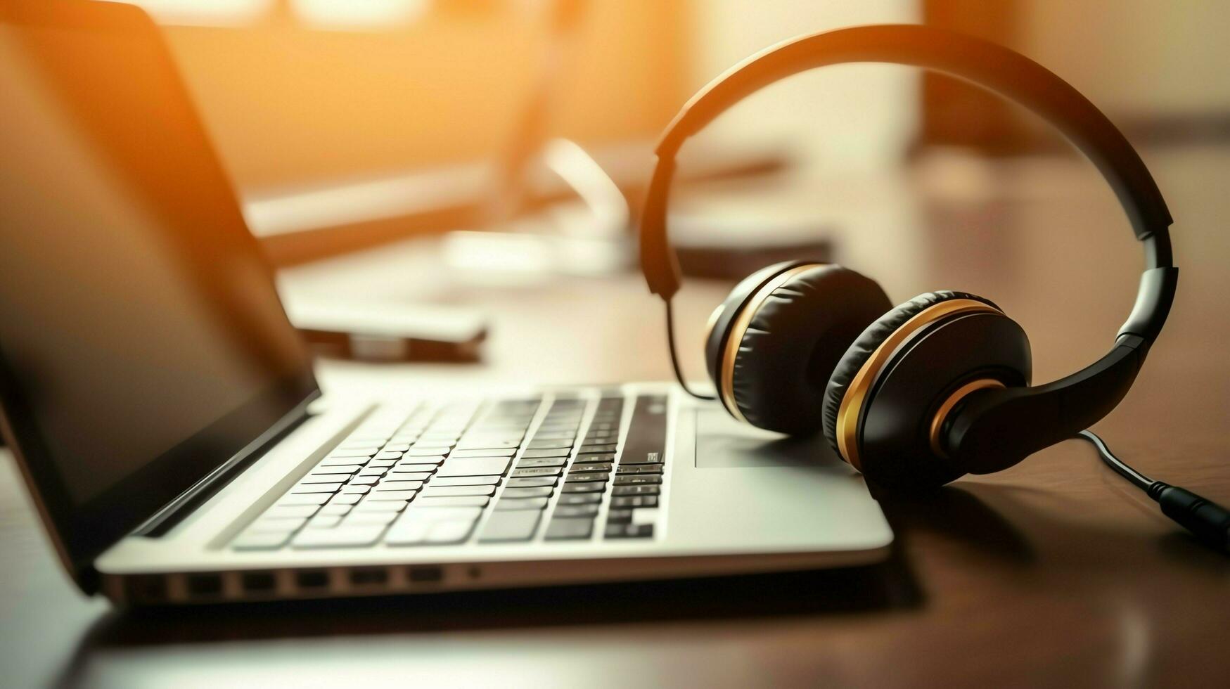 Music or podcast background with electronic devices, headphones, coffee and laptop on office desk concept by AI Generated photo