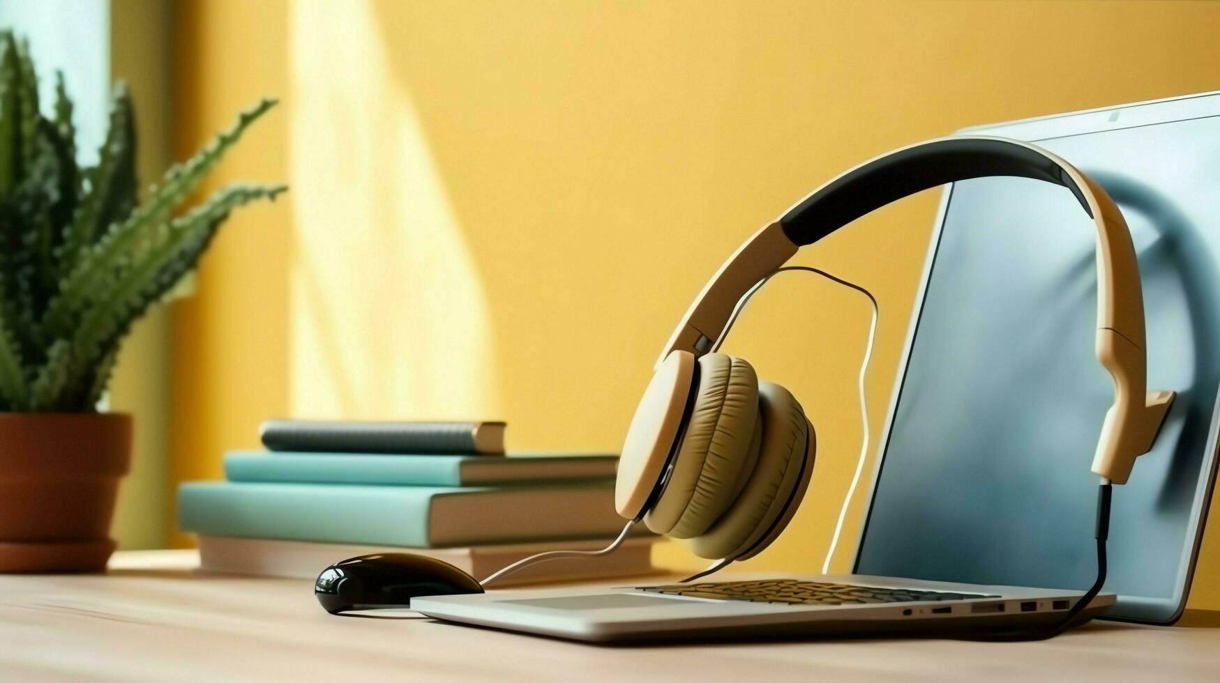 Music or podcast background with electronic devices, headphones, coffee and laptop on office desk concept by AI Generated photo