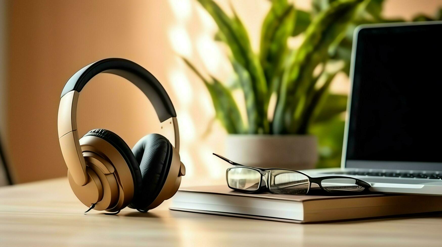 música o podcast antecedentes con electrónico dispositivos, auriculares, café y ordenador portátil en oficina escritorio concepto por ai generado foto