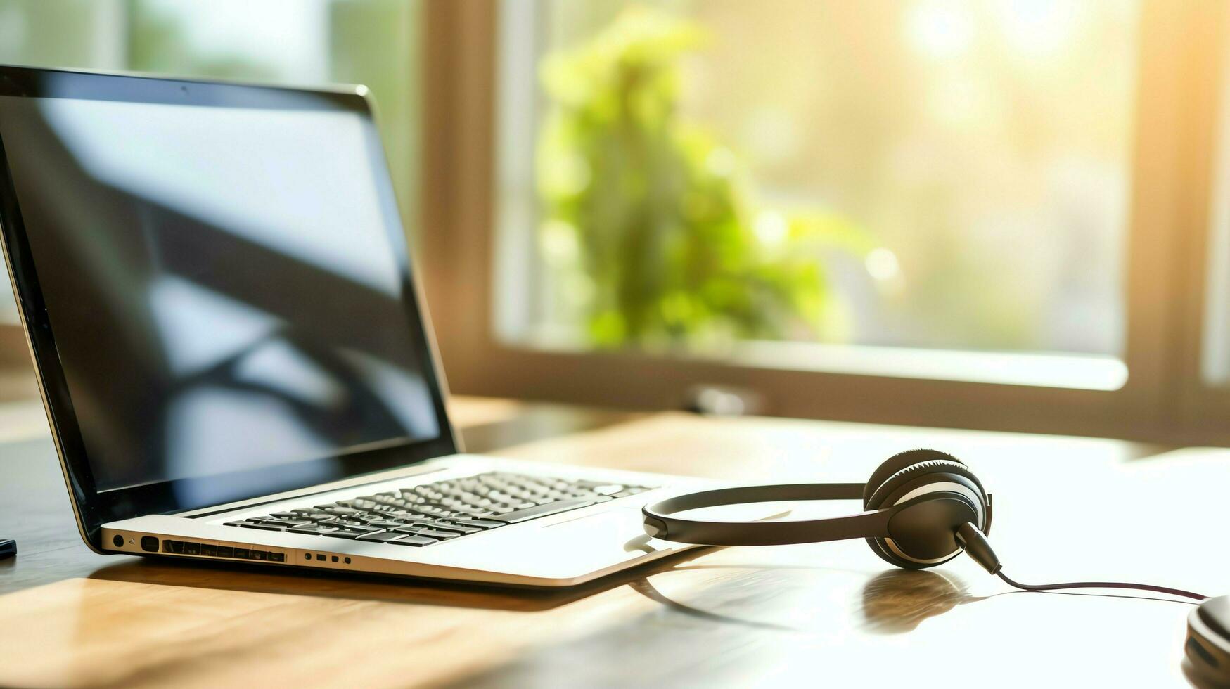 Music or podcast background with electronic devices, headphones, coffee and laptop on office desk concept by AI Generated photo