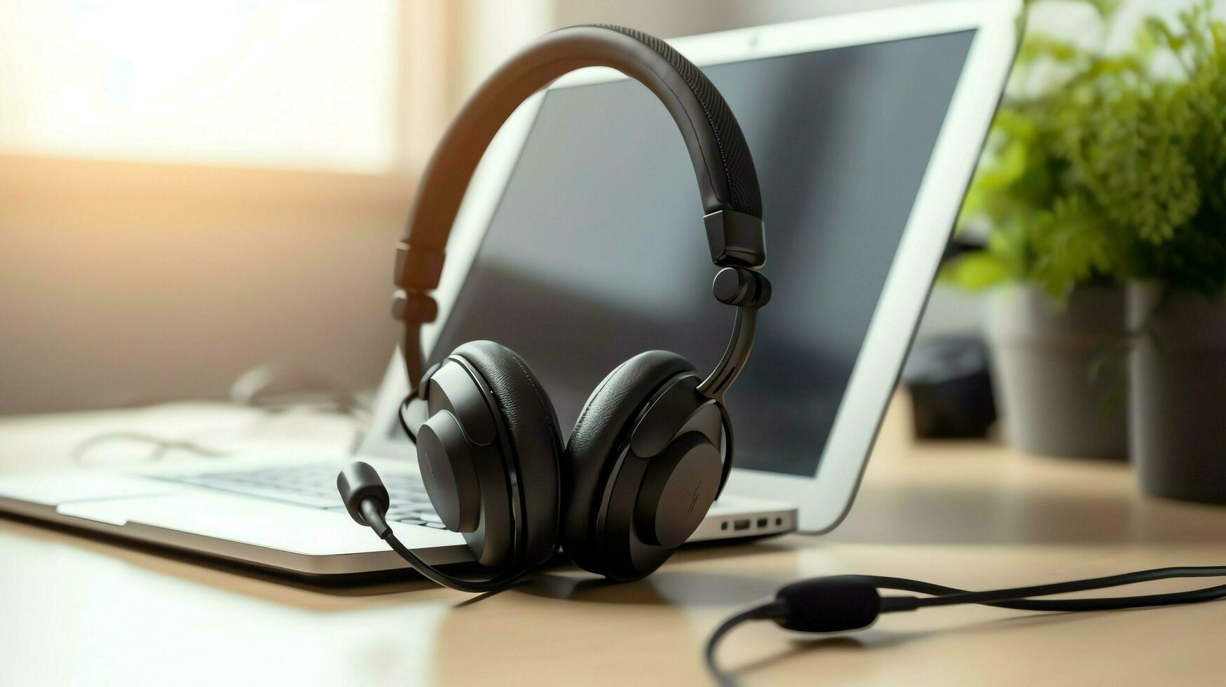 Music or podcast background with electronic devices, headphones, coffee and laptop on office desk concept by AI Generated photo