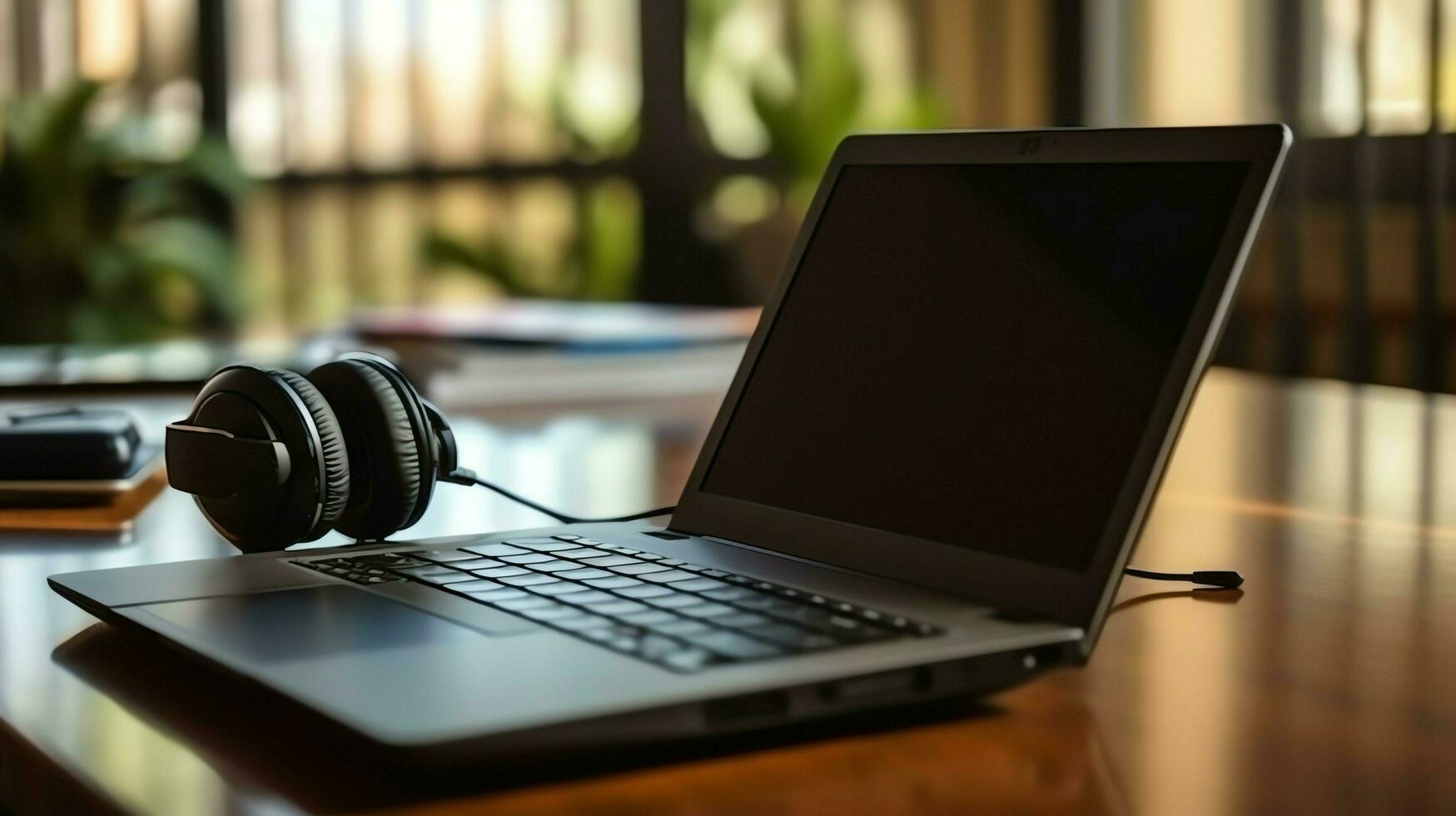 Music or podcast background with electronic devices, headphones, coffee and laptop on office desk concept by AI Generated photo