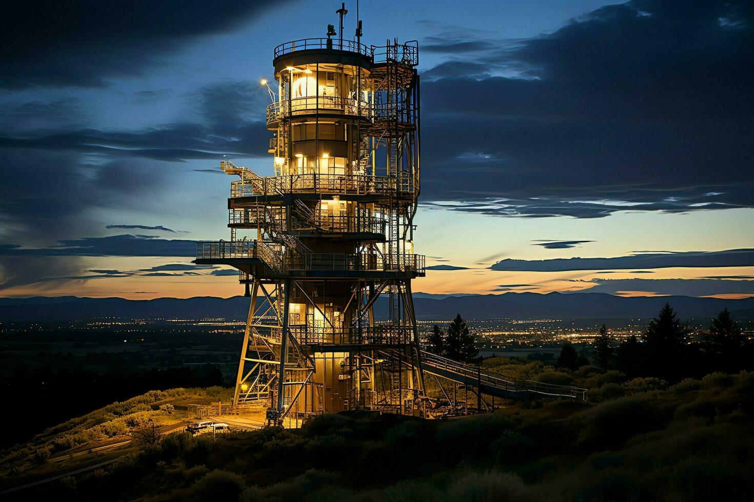 Beautiful view high voltage electric or telecommunications antenna wireless tower with green field concept by AI Generated photo