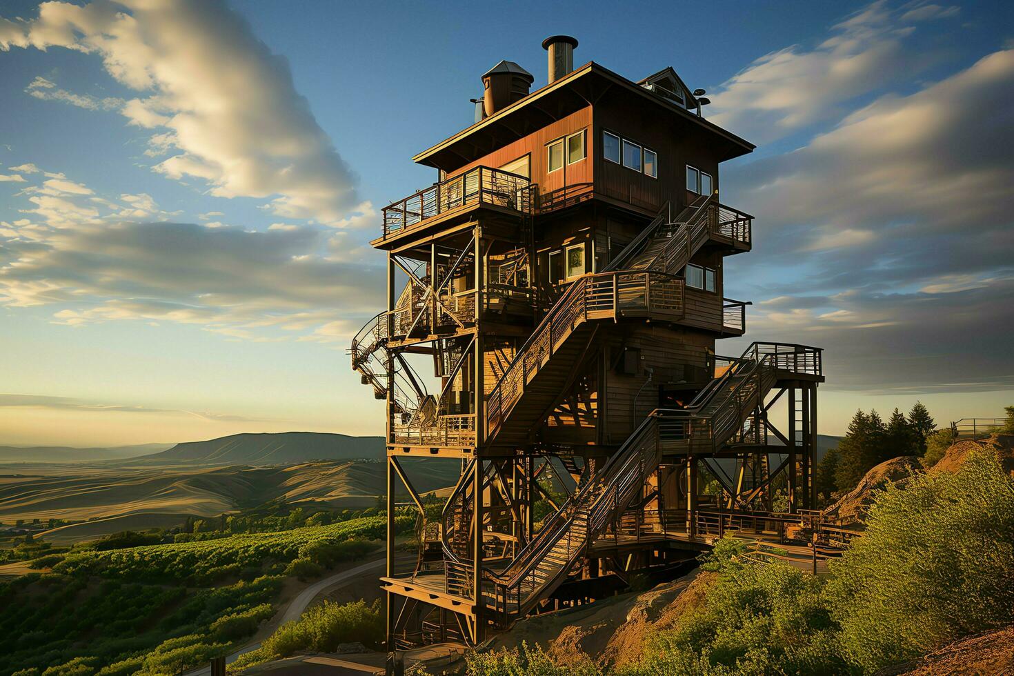 hermosa ver alto voltaje eléctrico o telecomunicaciones antena inalámbrico torre con verde campo concepto por ai generado foto