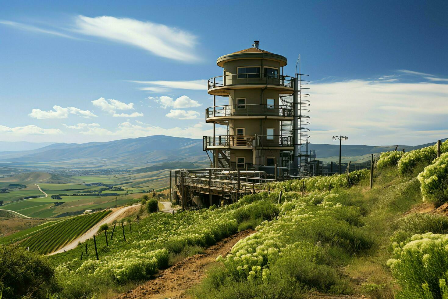 hermosa ver alto voltaje eléctrico o telecomunicaciones antena inalámbrico torre con verde campo concepto por ai generado foto