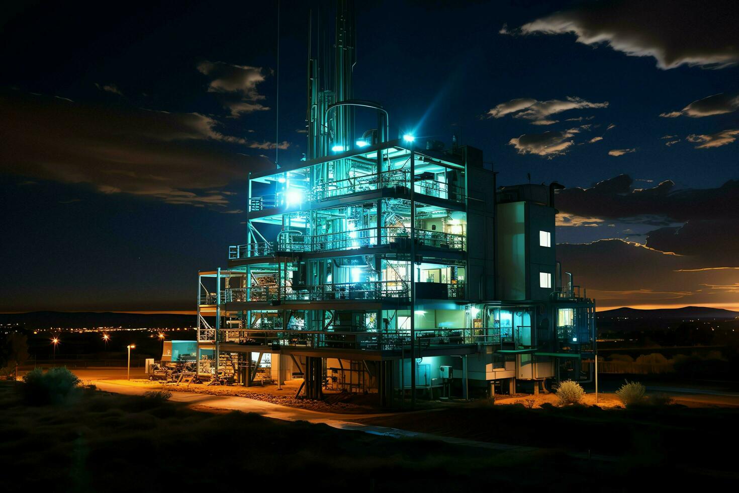 hermosa ver alto voltaje eléctrico o telecomunicaciones antena inalámbrico torre con verde campo concepto por ai generado foto