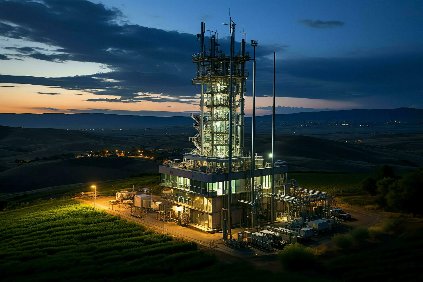 Beautiful view high voltage electric or telecommunications antenna wireless tower with green field concept by AI Generated photo