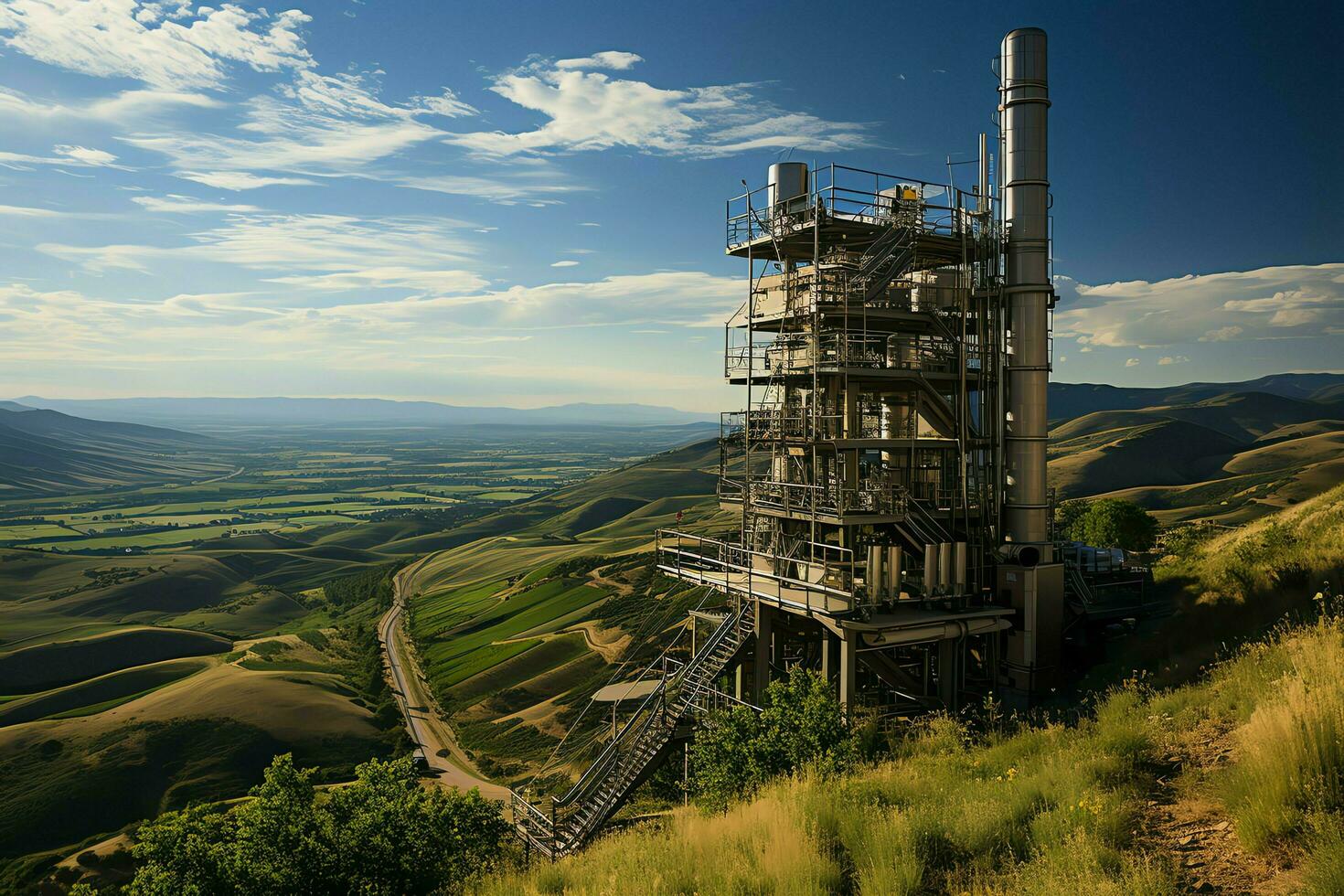 Beautiful view high voltage electric or telecommunications antenna wireless tower with green field concept by AI Generated photo