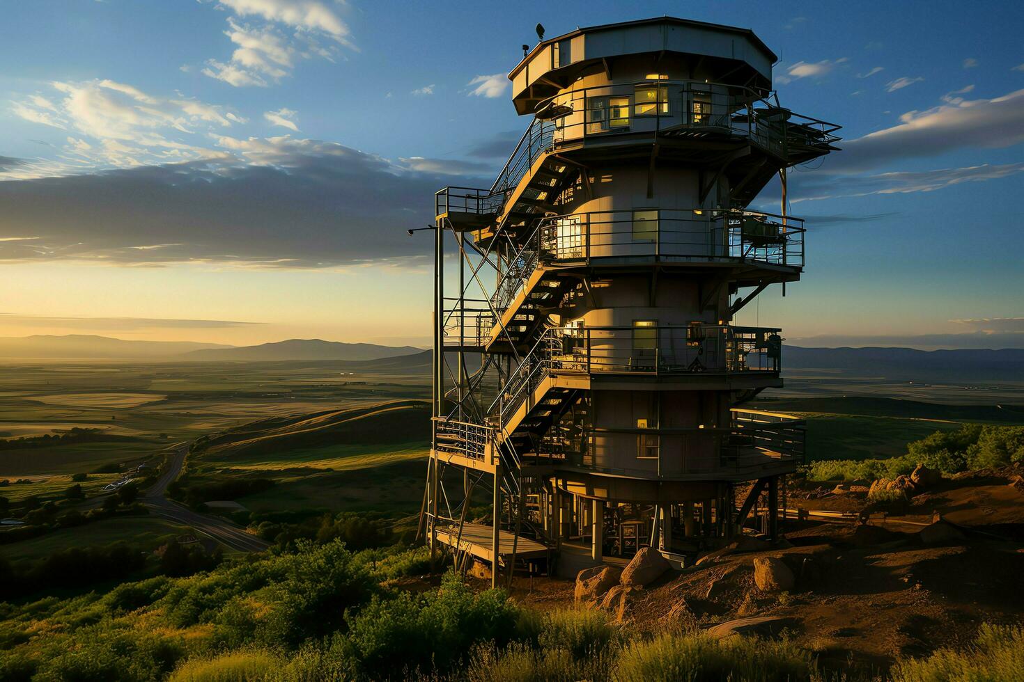 Beautiful view high voltage electric or telecommunications antenna wireless tower with green field concept by AI Generated photo