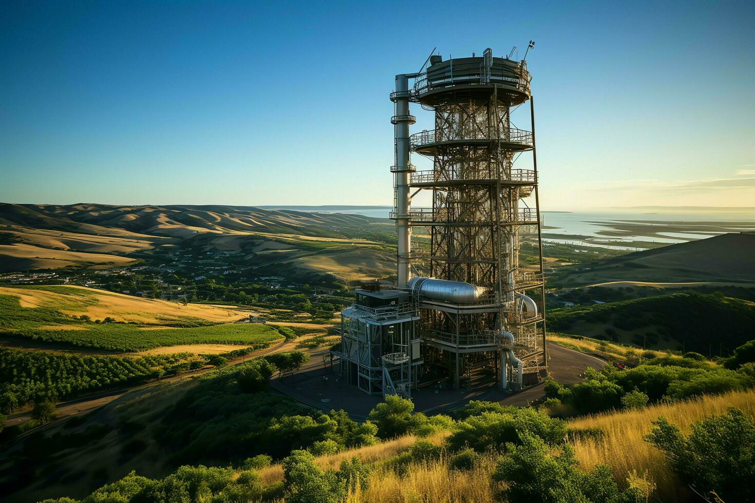 Beautiful view high voltage electric or telecommunications antenna wireless tower with green field concept by AI Generated photo