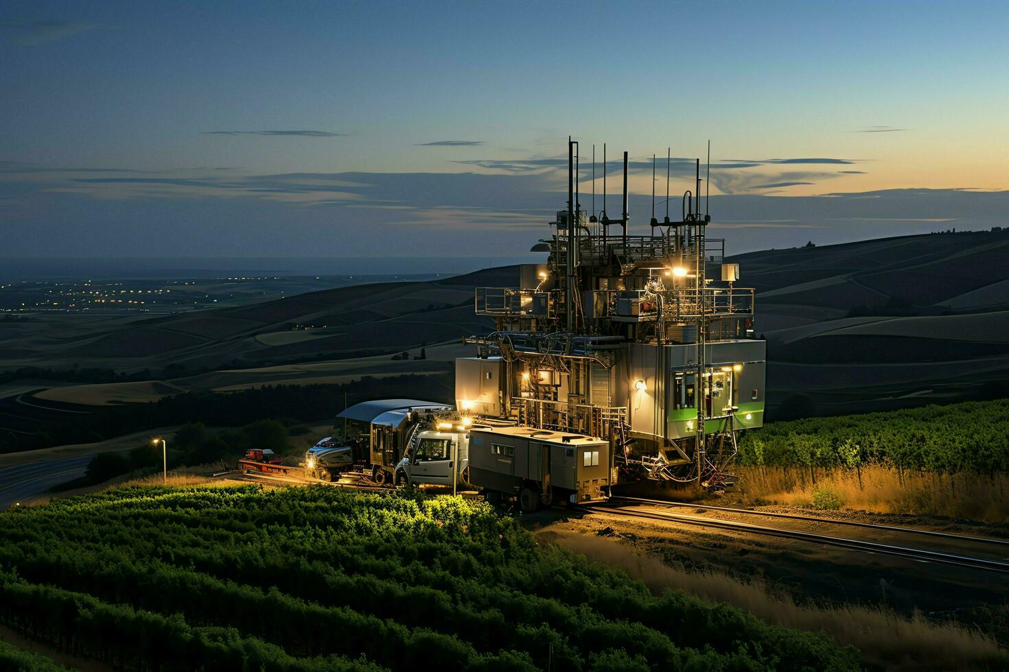 hermosa ver alto voltaje eléctrico o telecomunicaciones antena inalámbrico torre con verde campo concepto por ai generado foto