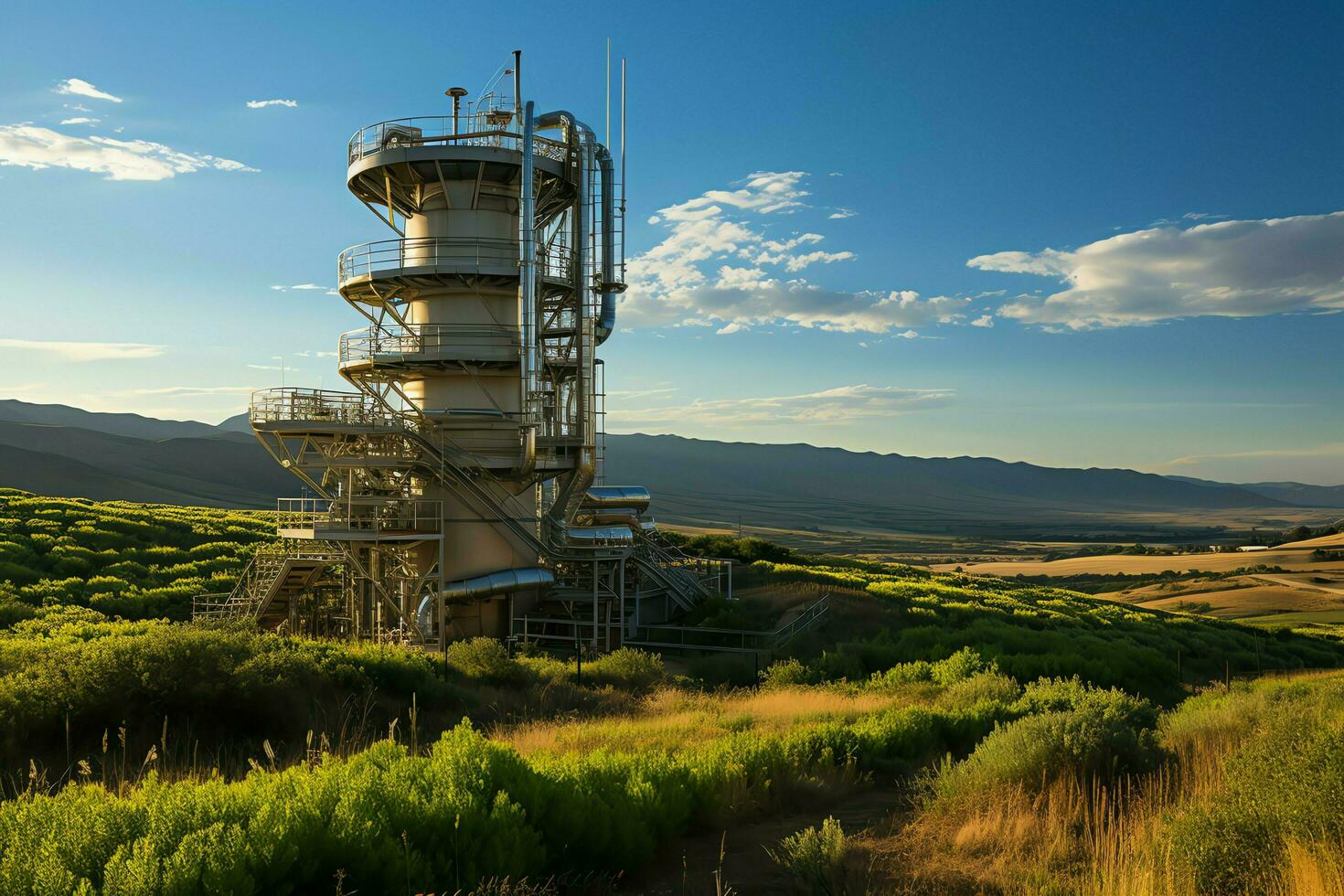 Beautiful view high voltage electric or telecommunications antenna wireless tower with green field concept by AI Generated photo