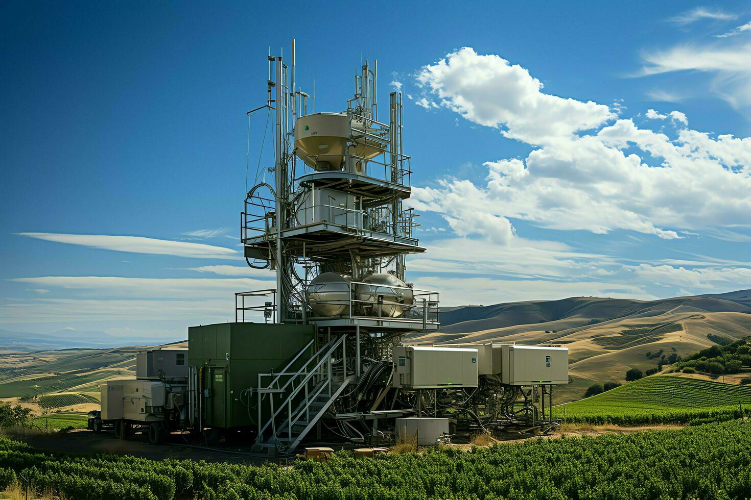 Beautiful view high voltage electric or telecommunications antenna wireless tower with green field concept by AI Generated photo
