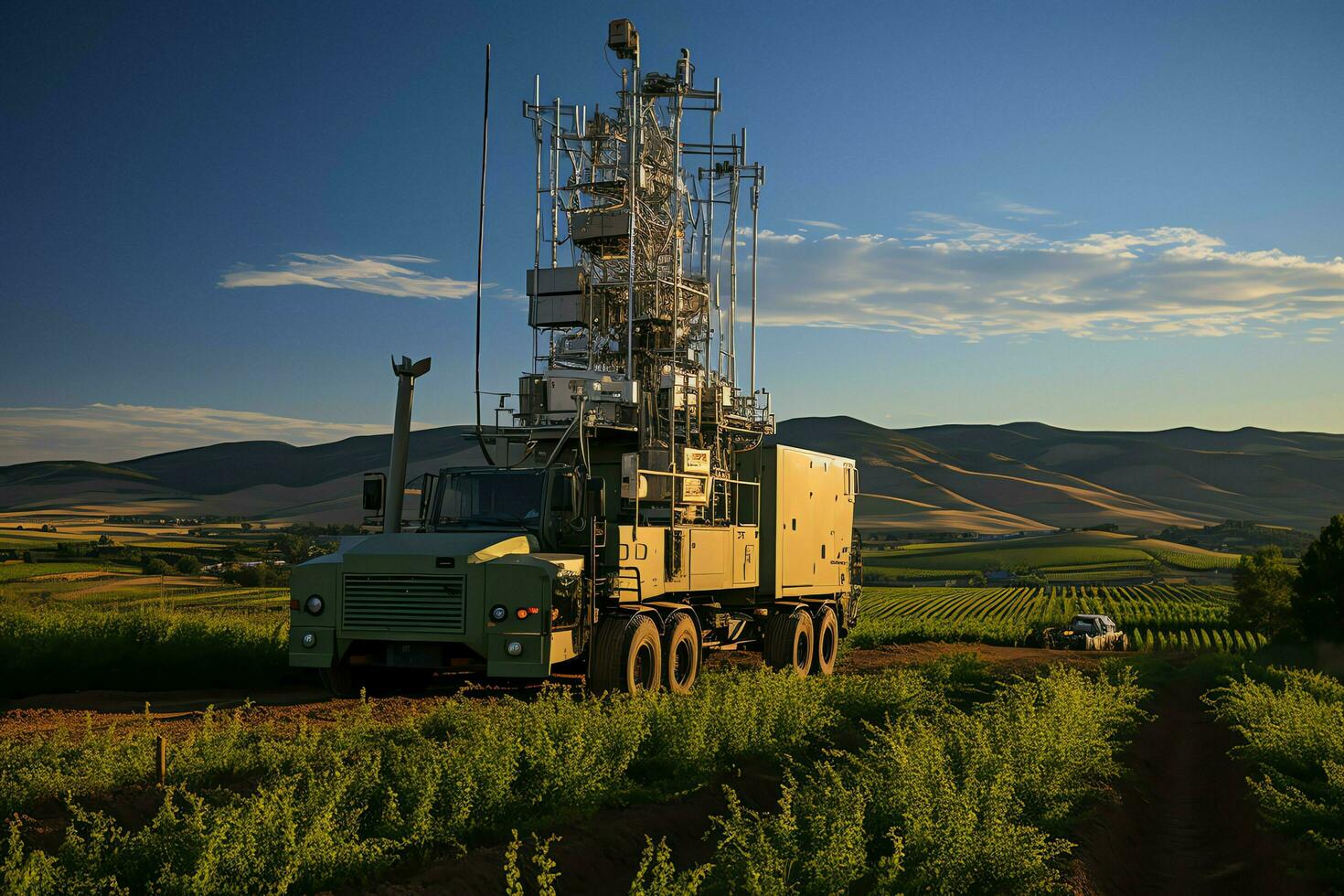 Beautiful view high voltage electric or telecommunications antenna wireless tower with green field concept by AI Generated photo