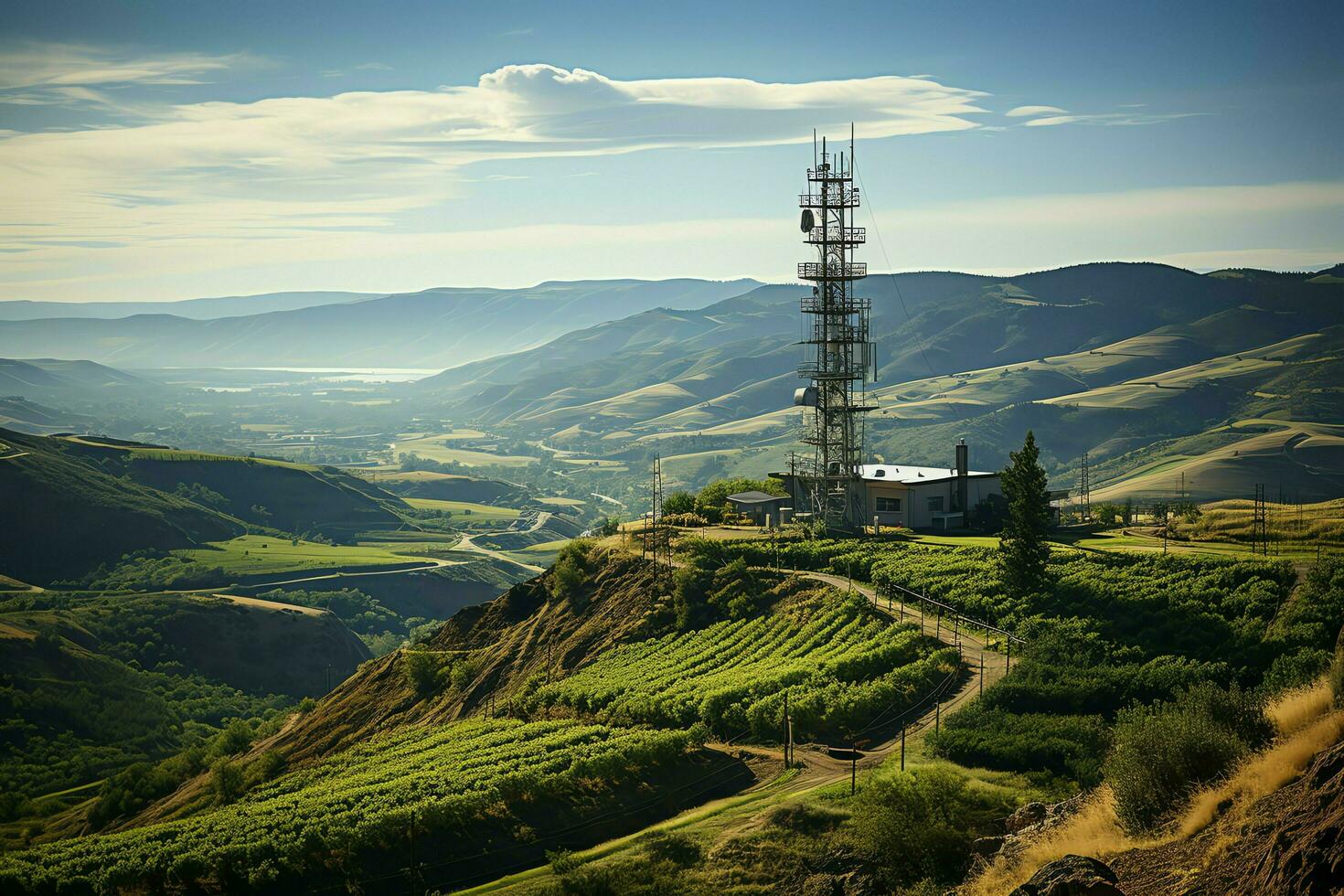 Beautiful view high voltage electric or telecommunications antenna wireless tower with green field concept by AI Generated photo