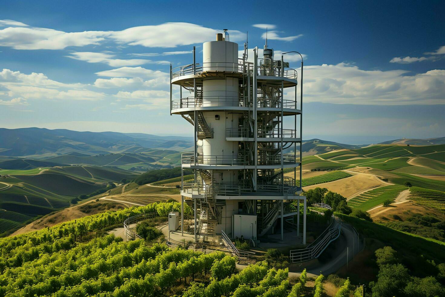 Beautiful view high voltage electric or telecommunications antenna wireless tower with green field concept by AI Generated photo