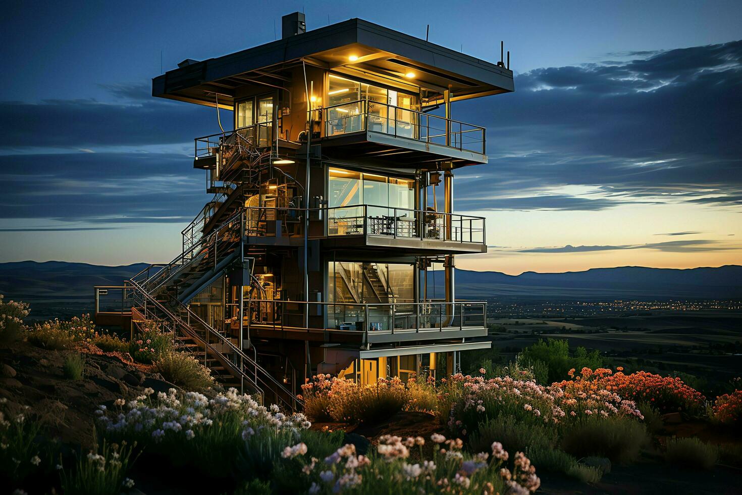 Beautiful view high voltage electric or telecommunications antenna wireless tower with green field concept by AI Generated photo