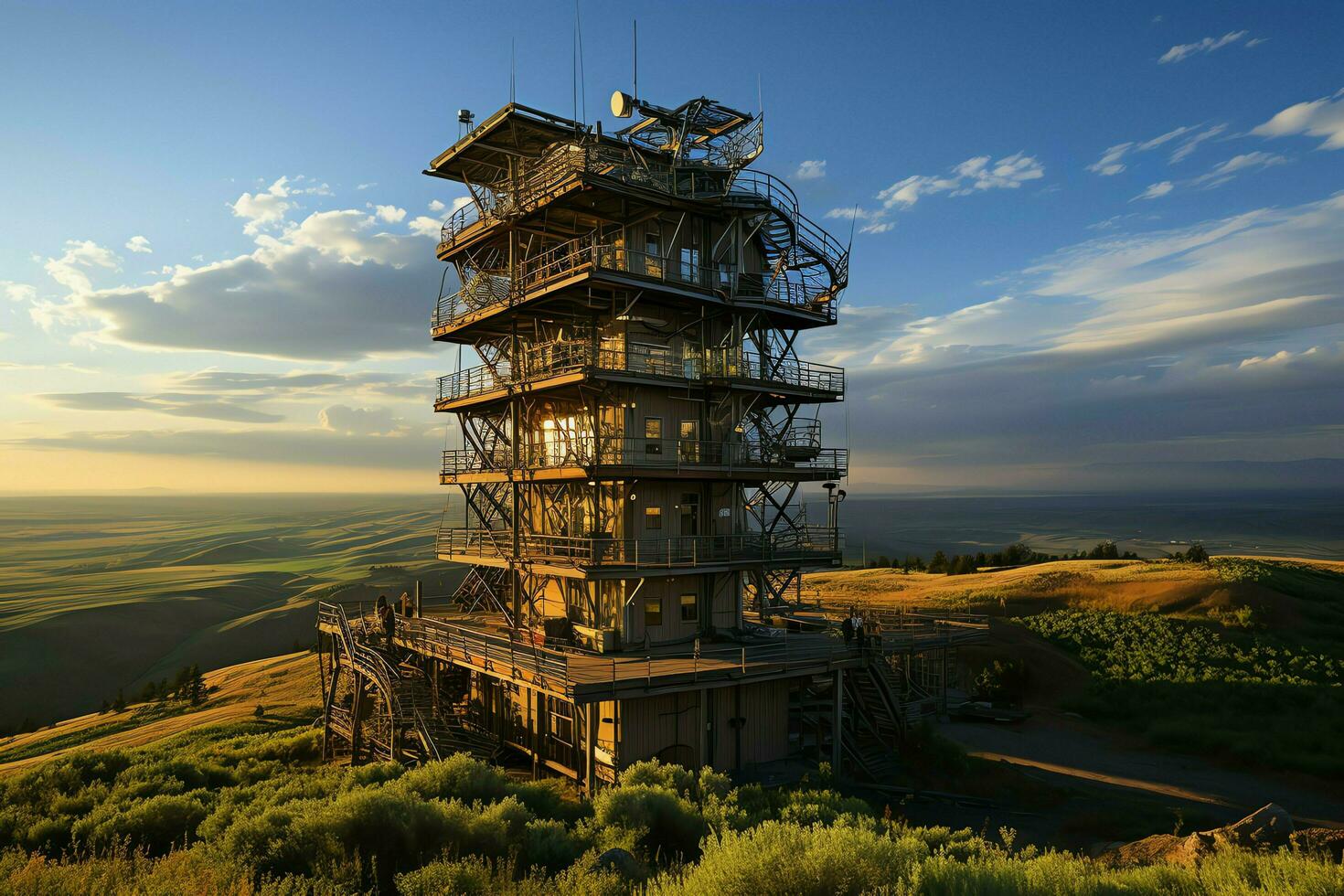 Beautiful view high voltage electric or telecommunications antenna wireless tower with green field concept by AI Generated photo