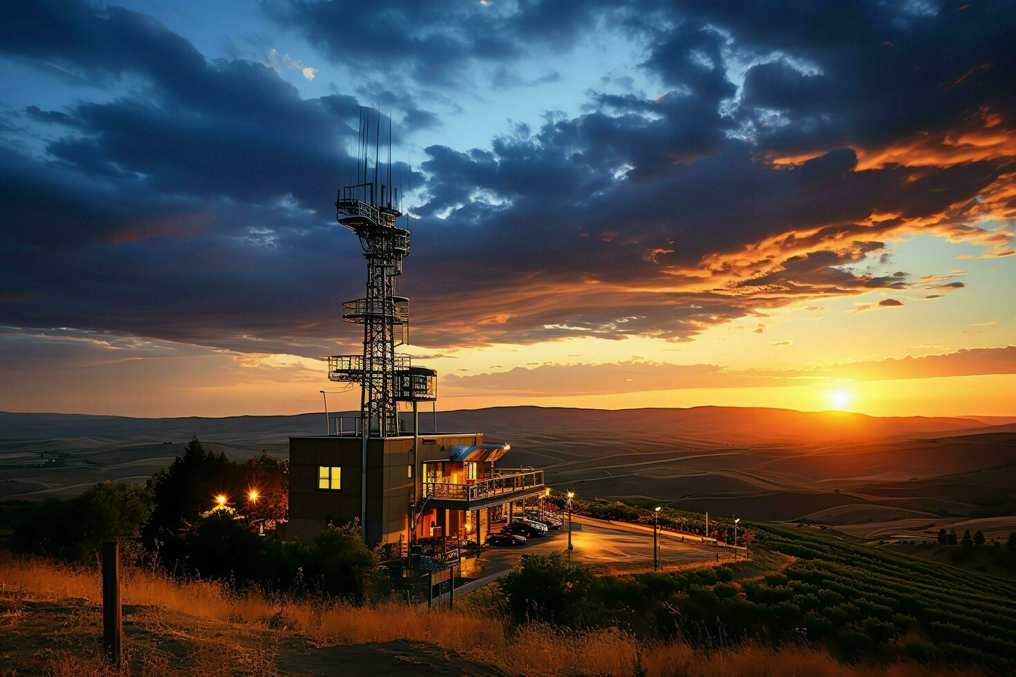 hermosa ver alto voltaje eléctrico o telecomunicaciones antena inalámbrico torre con verde campo concepto por ai generado foto