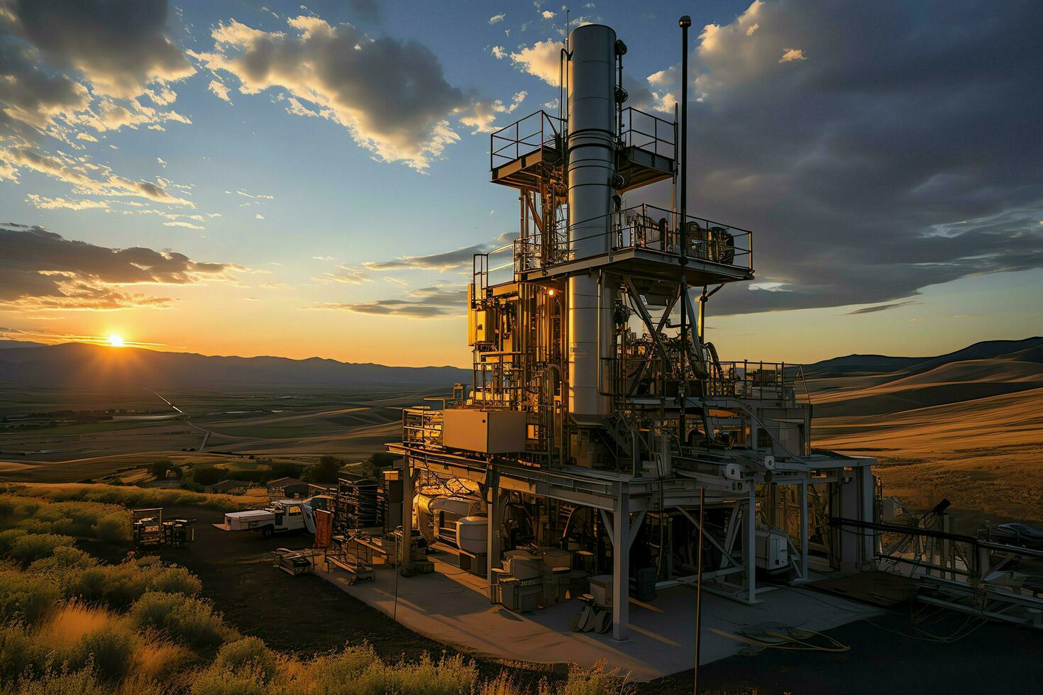 hermosa ver alto voltaje eléctrico o telecomunicaciones antena inalámbrico torre con verde campo concepto por ai generado foto