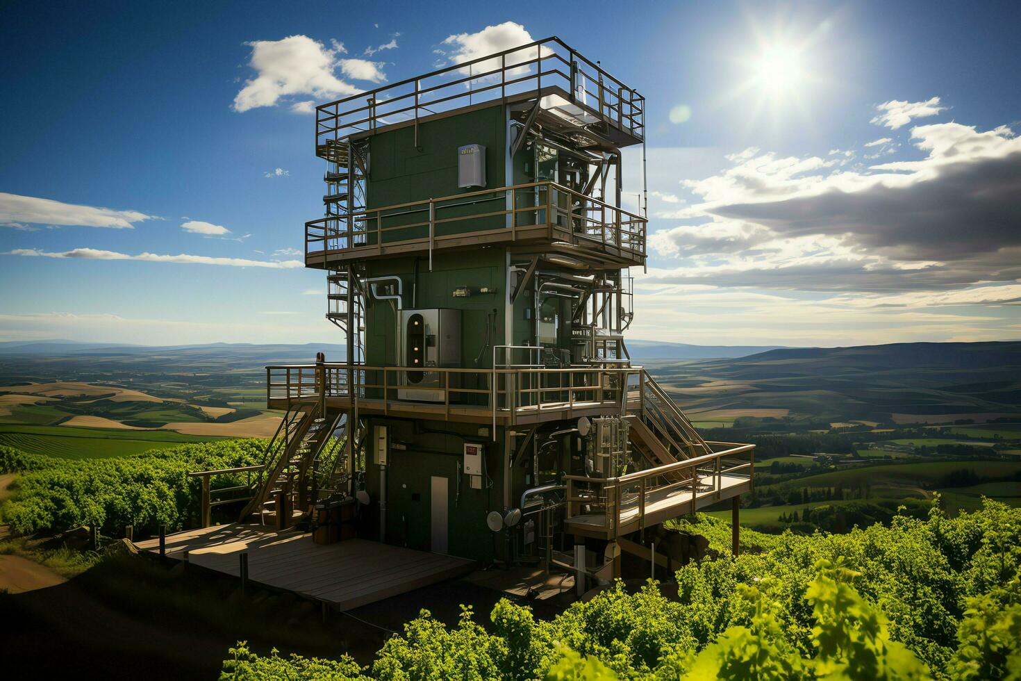 hermosa ver alto voltaje eléctrico o telecomunicaciones antena inalámbrico torre con verde campo concepto por ai generado foto