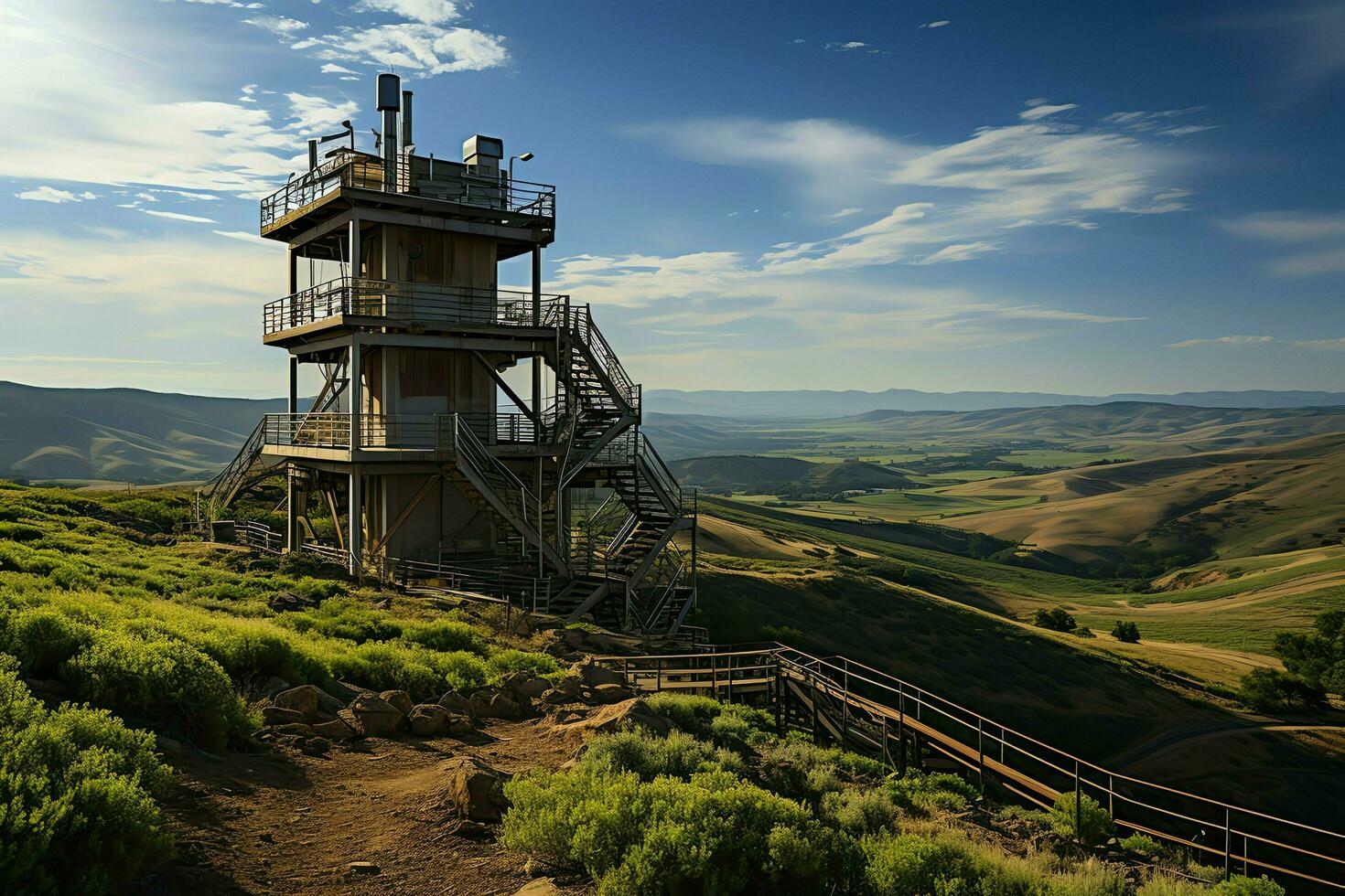 Beautiful view high voltage electric or telecommunications antenna wireless tower with green field concept by AI Generated photo