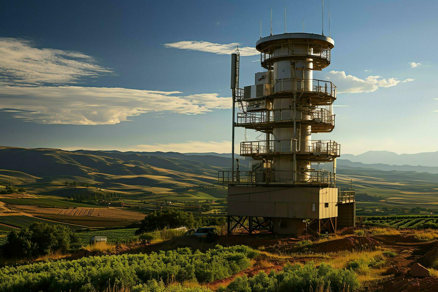Beautiful view high voltage electric or telecommunications antenna wireless tower with green field concept by AI Generated photo