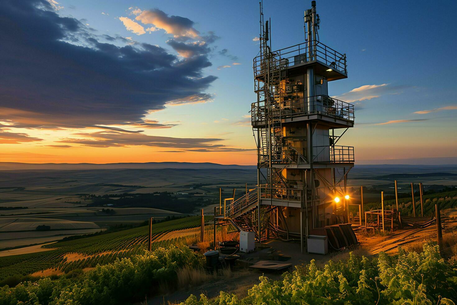 hermosa ver alto voltaje eléctrico o telecomunicaciones antena inalámbrico torre con verde campo concepto por ai generado foto