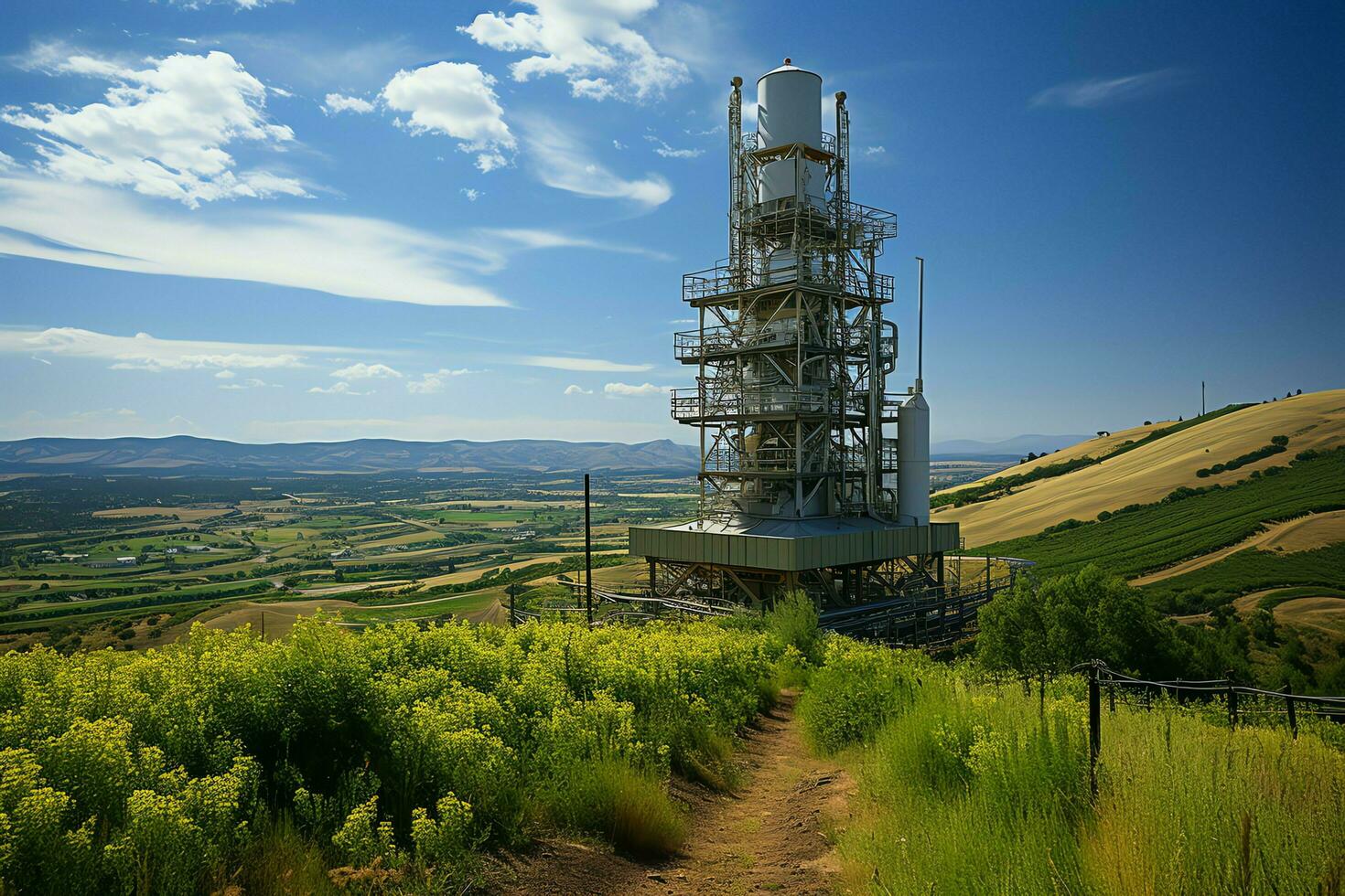 Beautiful view high voltage electric or telecommunications antenna wireless tower with green field concept by AI Generated photo