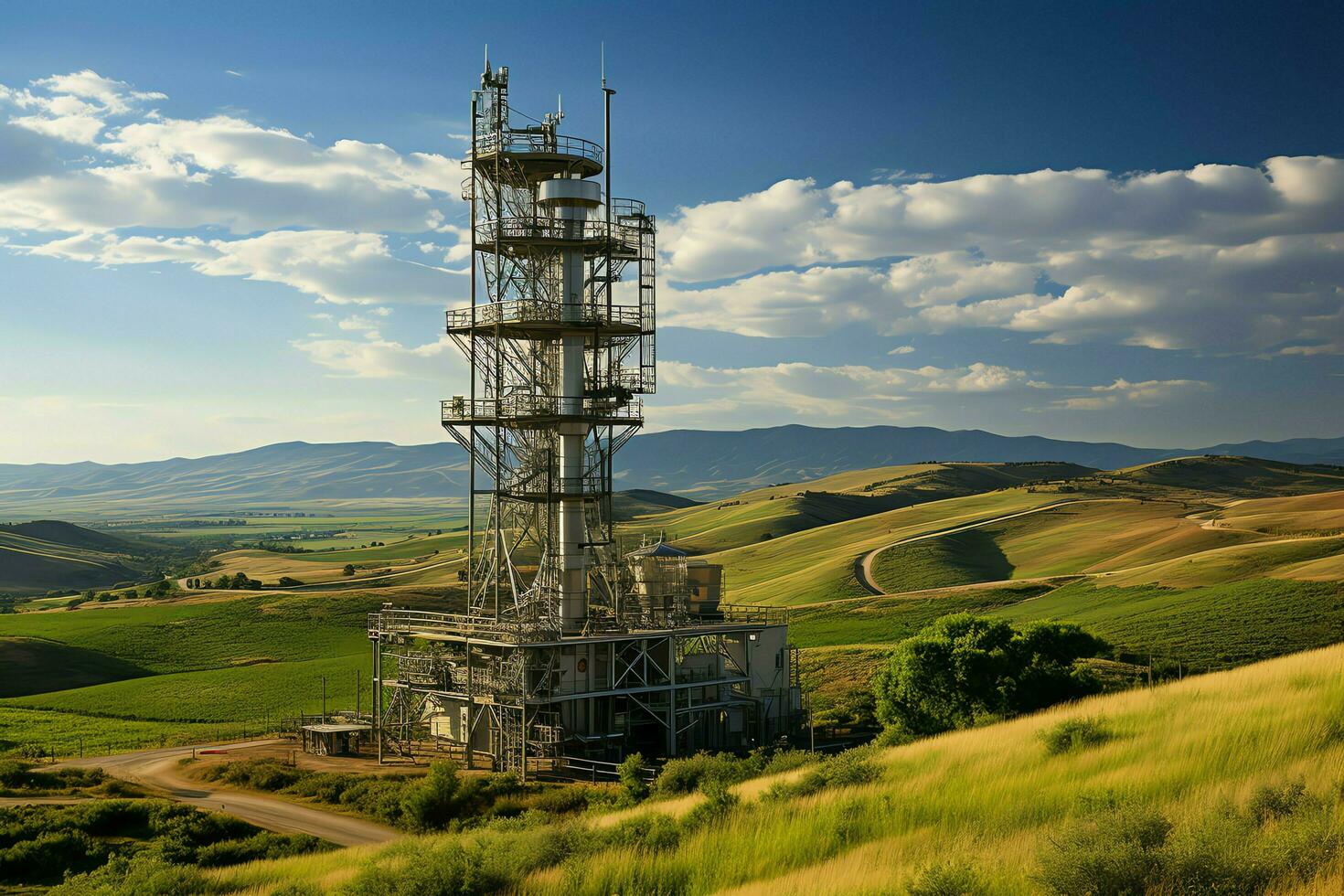 Beautiful view high voltage electric or telecommunications antenna wireless tower with green field concept by AI Generated photo