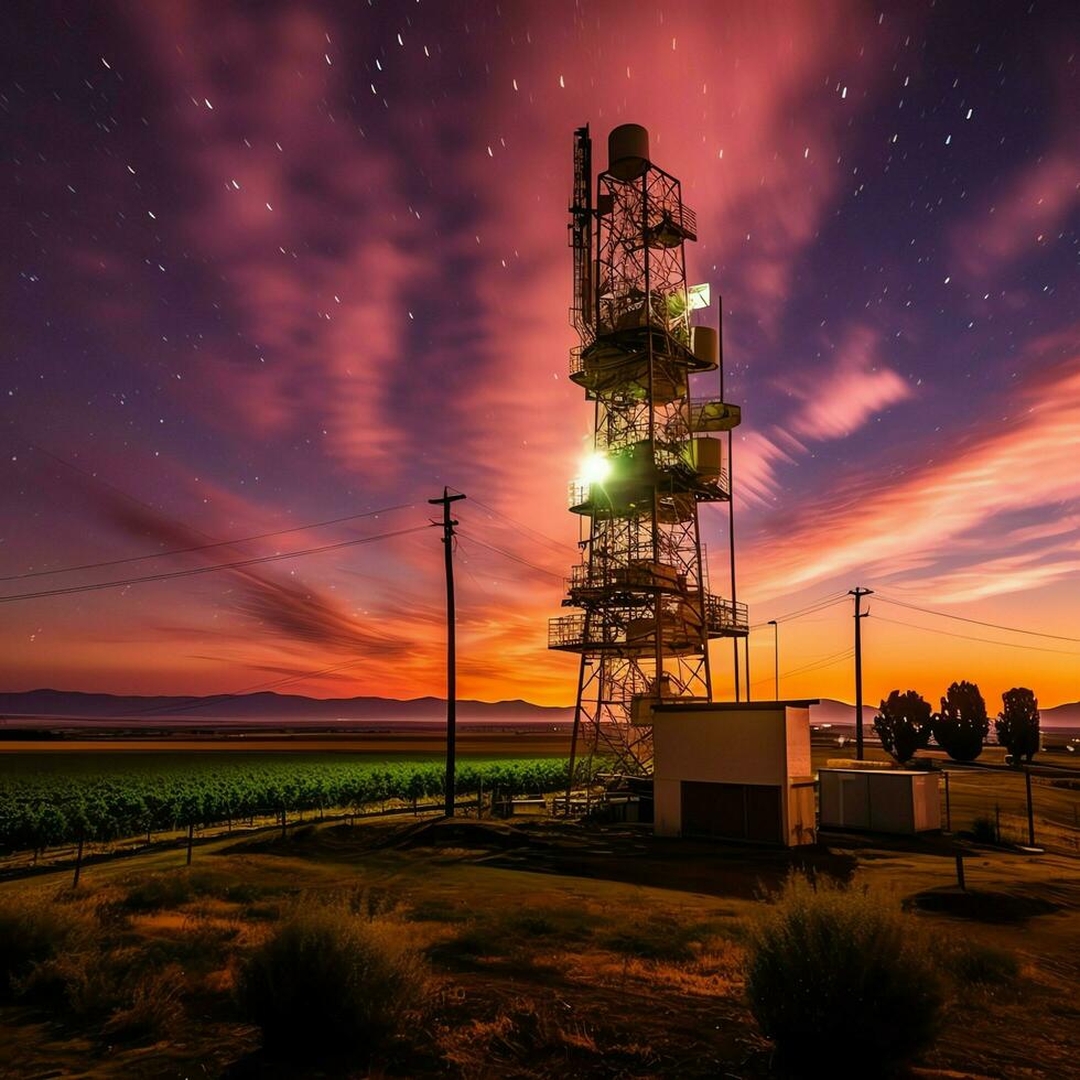 Beautiful view high voltage electric or telecommunications antenna wireless tower with green field concept by AI Generated photo