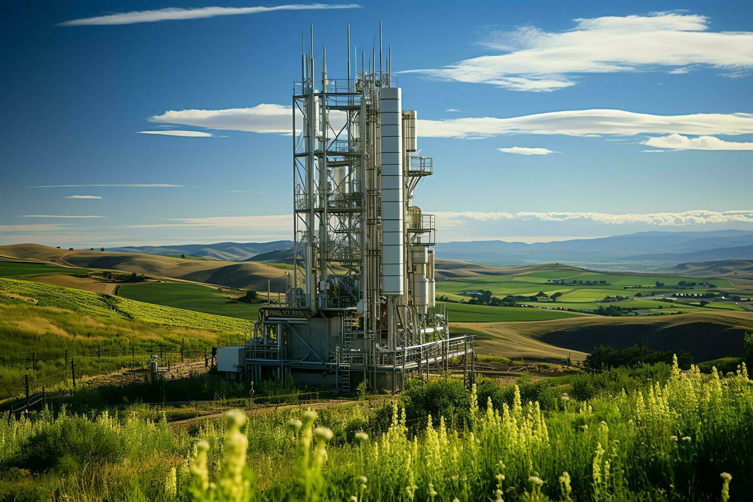 Beautiful view high voltage electric or telecommunications antenna wireless tower with green field concept by AI Generated photo