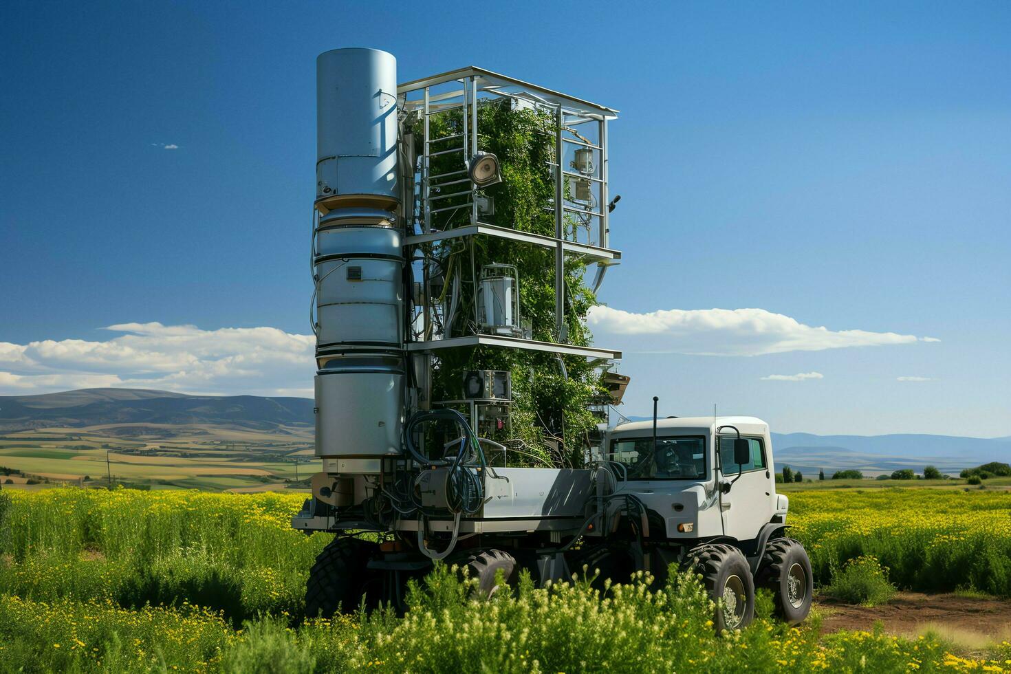 Beautiful view high voltage electric or telecommunications antenna wireless tower with green field concept by AI Generated photo