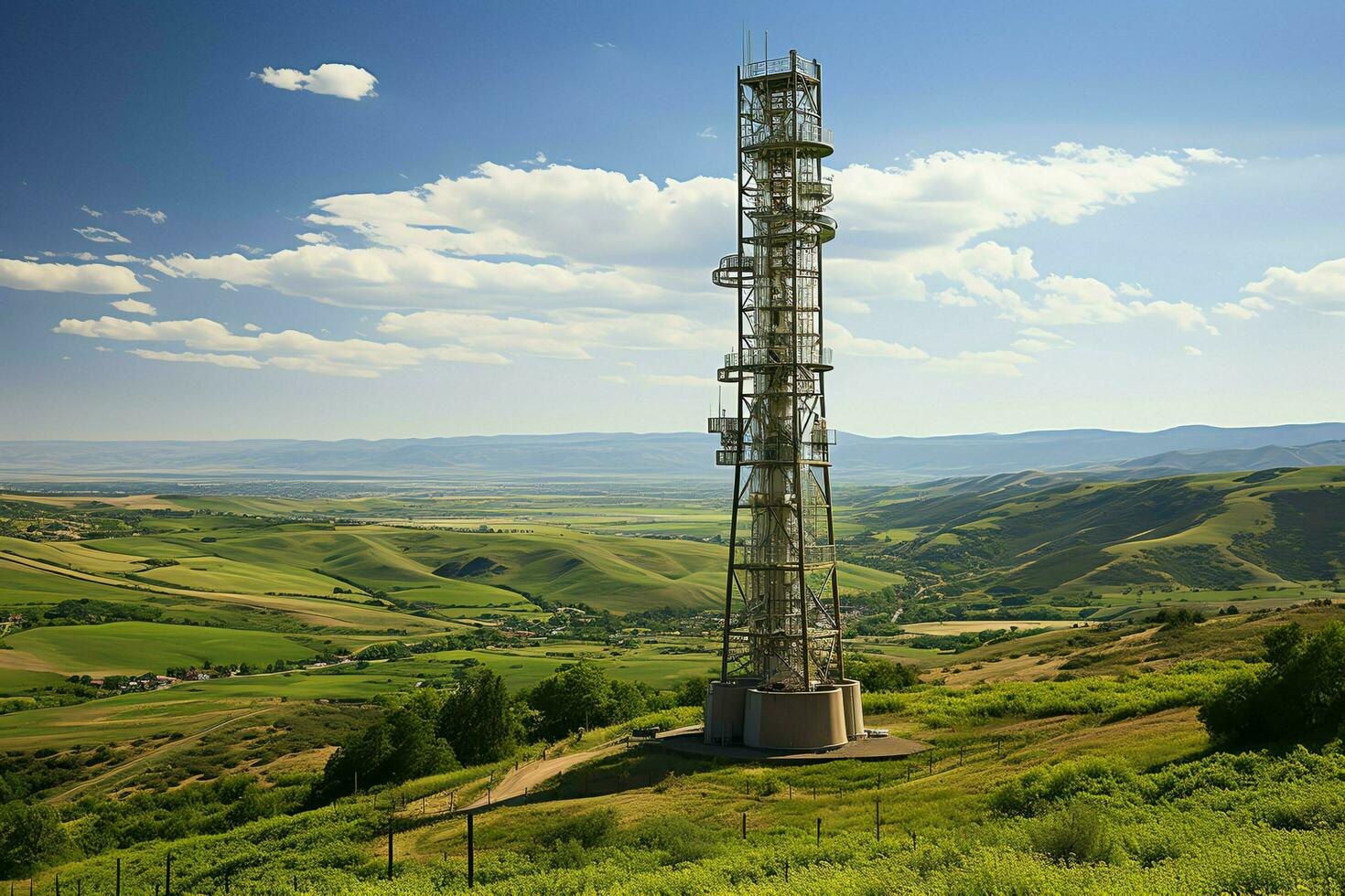 hermosa ver alto voltaje eléctrico o telecomunicaciones antena inalámbrico torre con verde campo concepto por ai generado foto