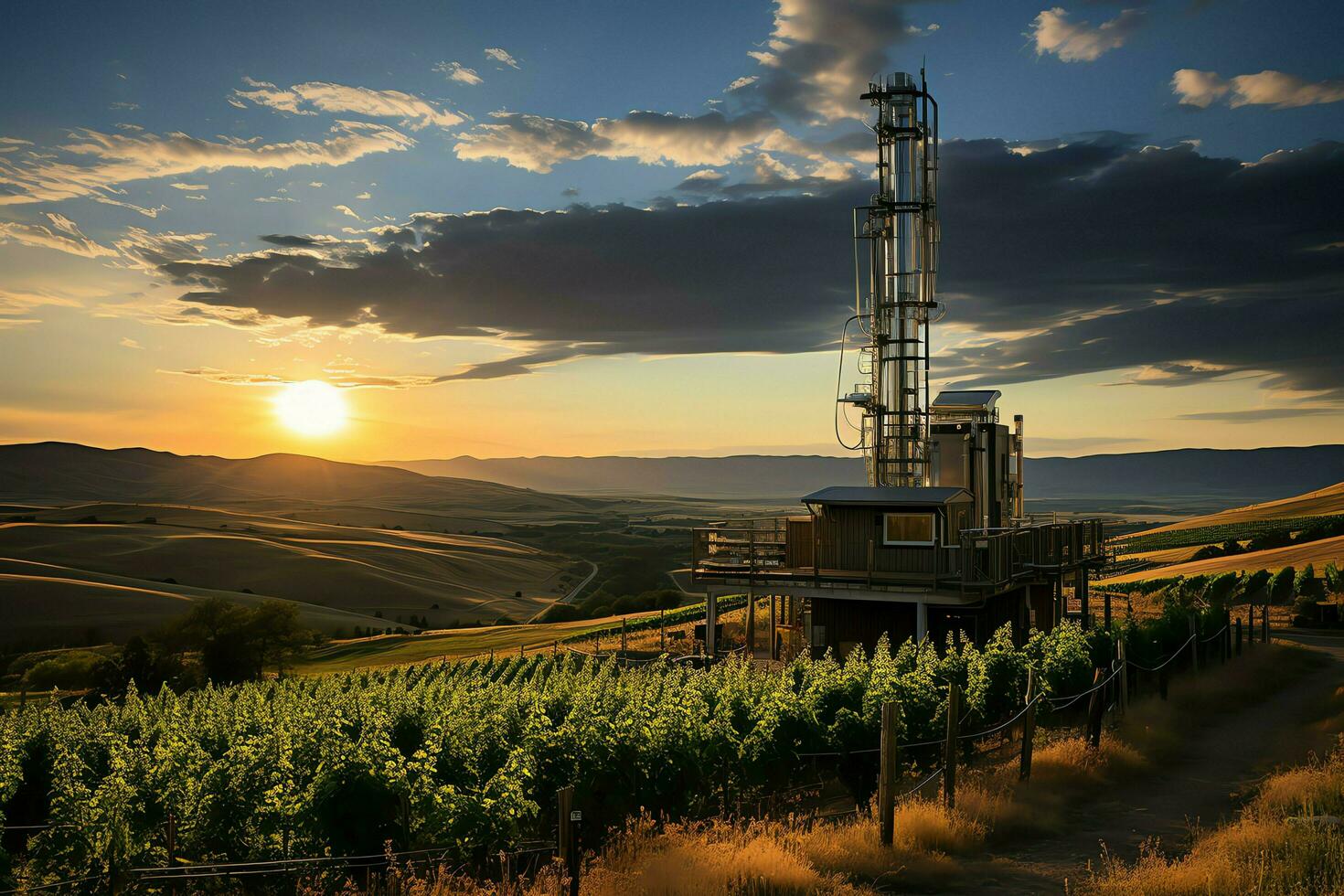 hermosa ver alto voltaje eléctrico o telecomunicaciones antena inalámbrico torre con verde campo concepto por ai generado foto