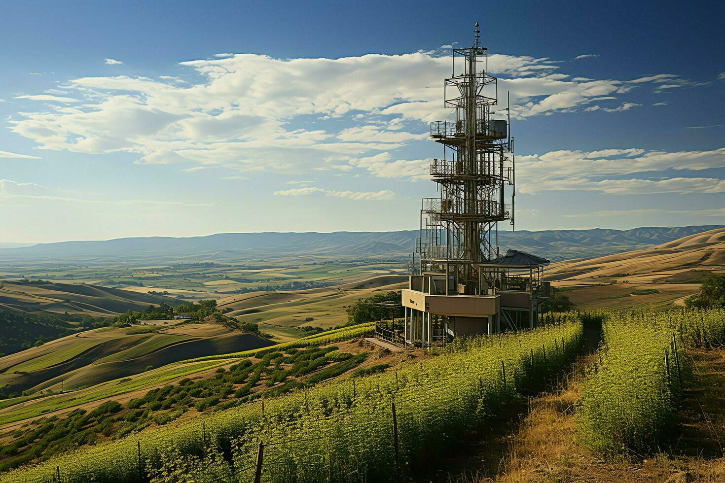Beautiful view high voltage electric or telecommunications antenna wireless tower with green field concept by AI Generated photo