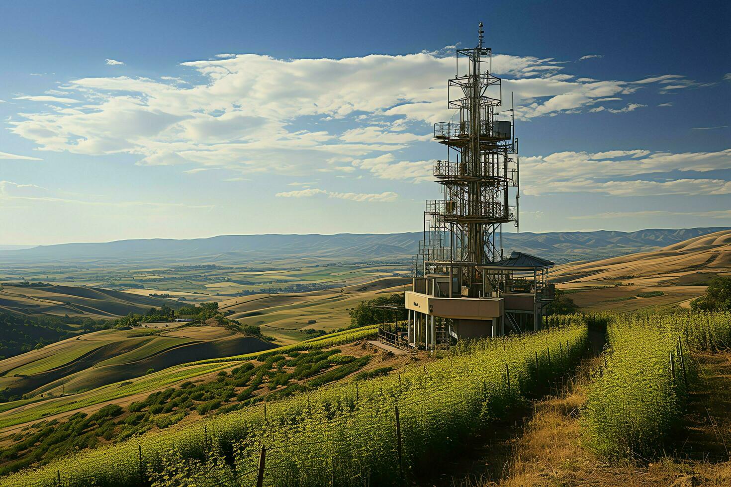 hermosa ver alto voltaje eléctrico o telecomunicaciones antena inalámbrico torre con verde campo concepto por ai generado foto