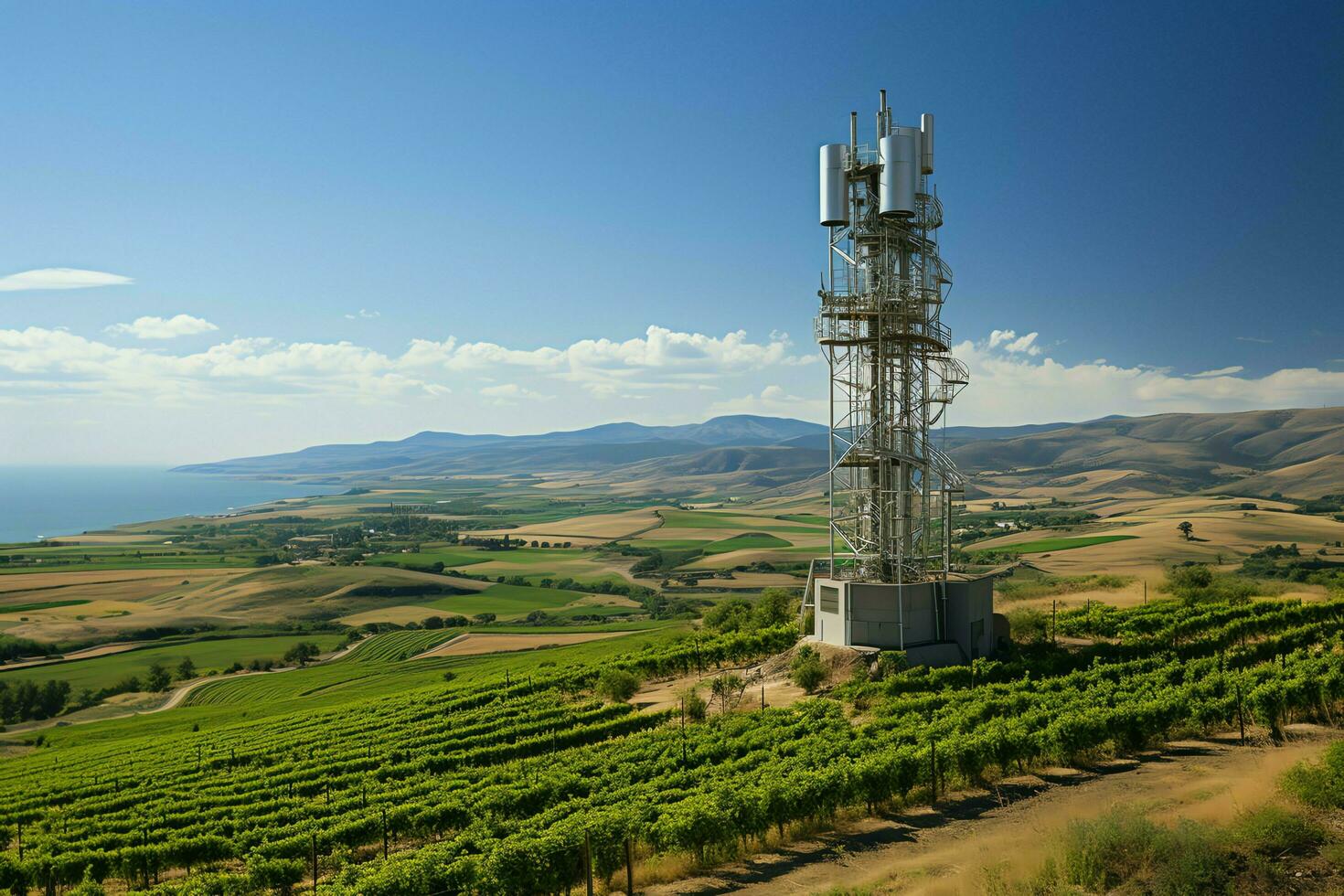 hermosa ver alto voltaje eléctrico o telecomunicaciones antena inalámbrico torre con verde campo concepto por ai generado foto