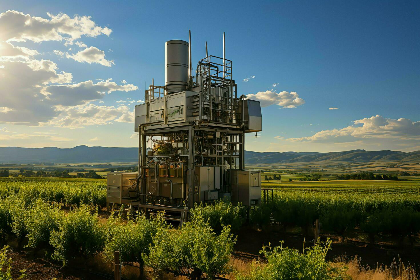 hermosa ver alto voltaje eléctrico o telecomunicaciones antena inalámbrico torre con verde campo concepto por ai generado foto