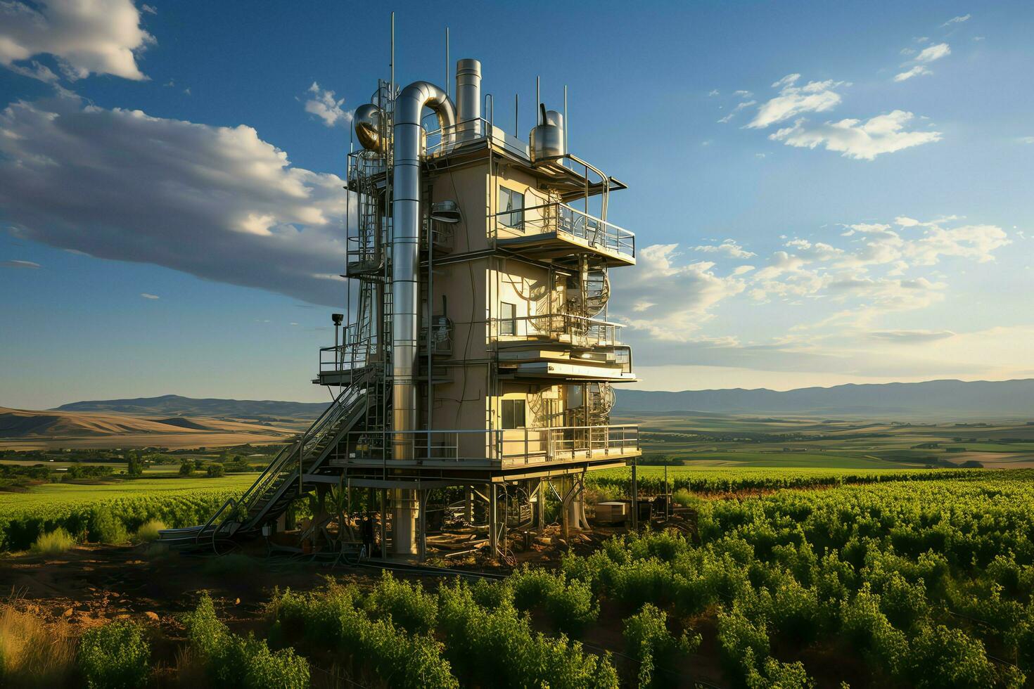 Beautiful view high voltage electric or telecommunications antenna wireless tower with green field concept by AI Generated photo